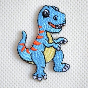 画像1: ワッペン 恐竜 ブルー アイロン 刺繍