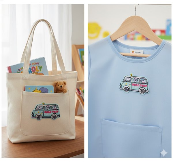 画像4: スヌーピー ワッペン バス型（水色）ROAD TRIP 2WAY シール・アイロン両用 刺繍 ピーナッツ アップリケ 乗り物 車 かわいい (4)