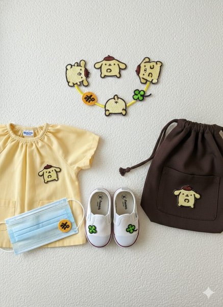 画像2: ポムポムプリン ラインワッペン サンリオ キャラクター アップリケ 襟 デコ 縁取り シール アイロン 両用 2WAY 入園 入学 女の子 男の子 グッズ ぷりん 3cm (2)